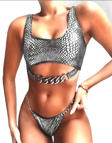 Metallic Silver Snakeprint Bikini Set